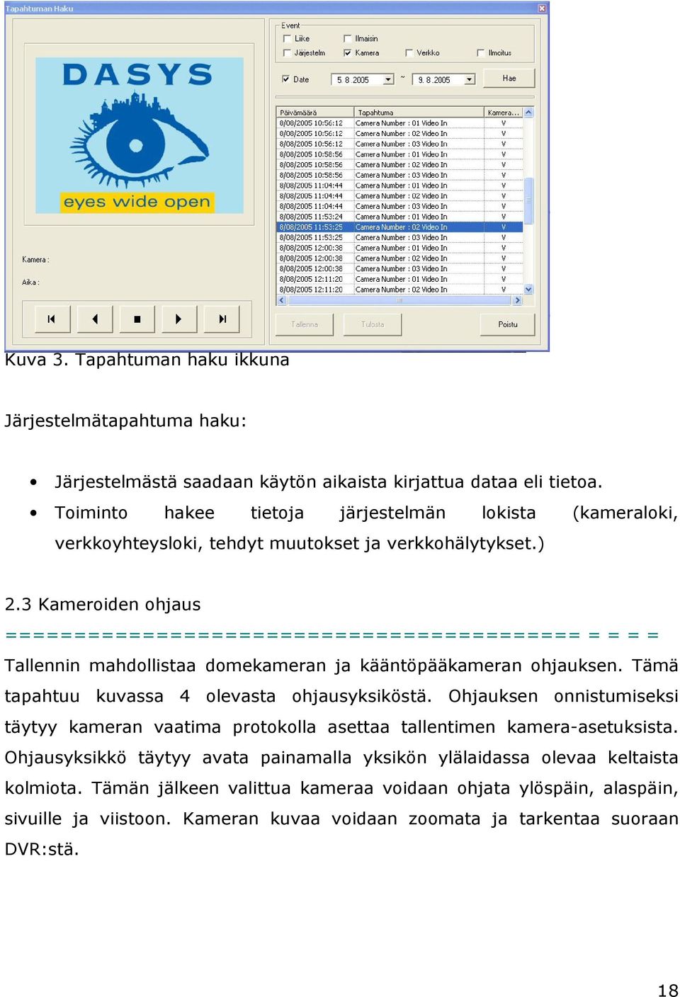 3 Kameroiden ohjaus ========================================== = = = = Tallennin mahdollistaa domekameran ja kääntöpääkameran ohjauksen. Tämä tapahtuu kuvassa 4 olevasta ohjausyksiköstä.