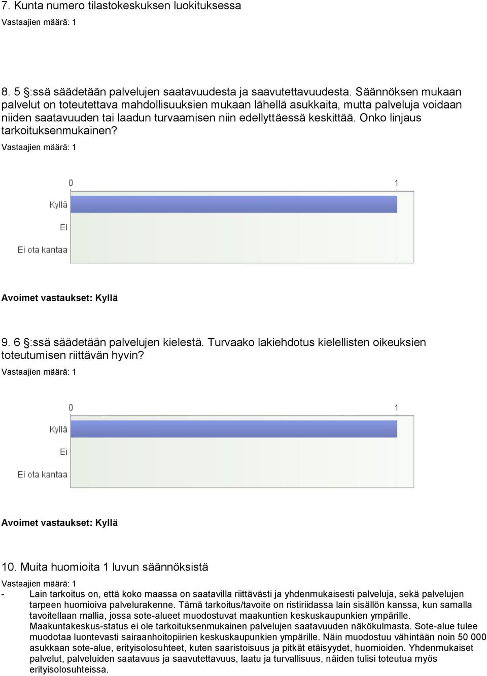 Onko linjaus tarkoituksenmukainen? 9. 6 :ssä säädetään palvelujen kielestä. Turvaako lakiehdotus kielellisten oikeuksien toteutumisen riittävän hyvin? 10.