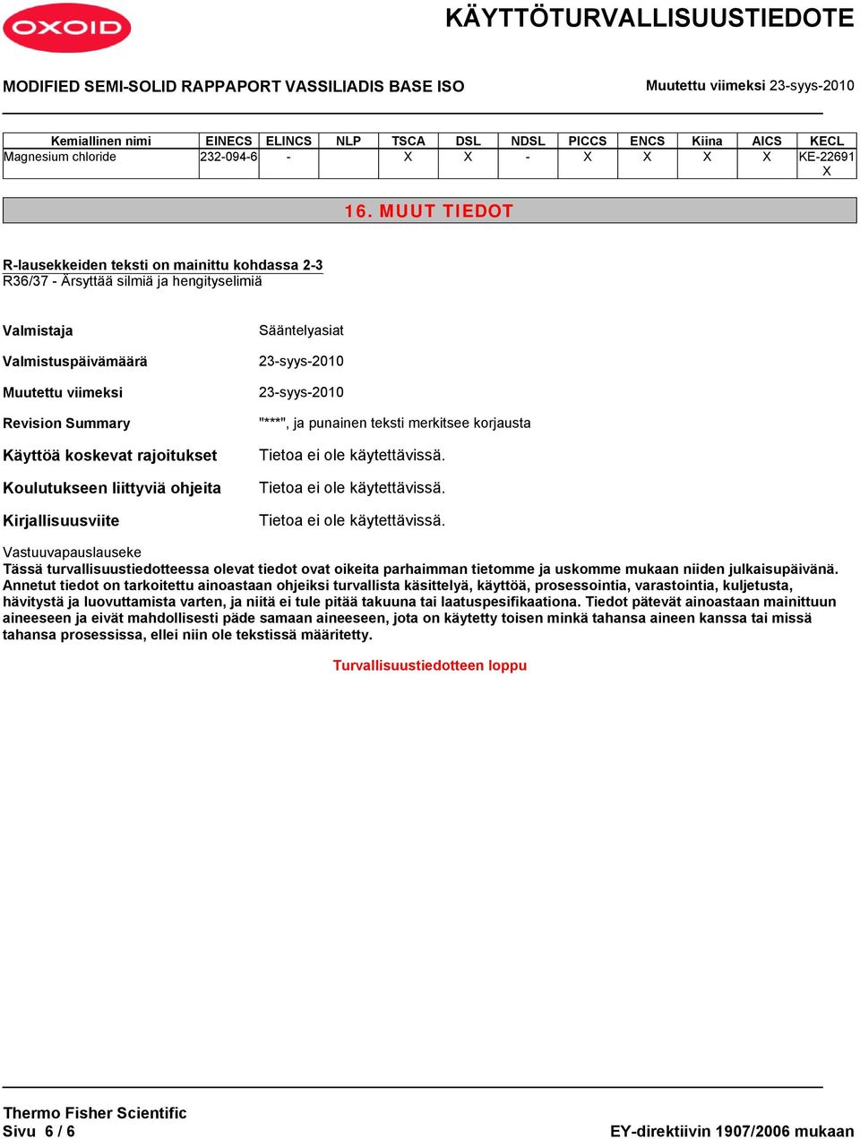 Koulutukseen liittyviä ohjeita Kirjallisuusviite Sääntelyasiat 23-syys-2010 23-syys-2010 "***", ja punainen teksti merkitsee korjausta Vastuuvapauslauseke Tässä turvallisuustiedotteessa olevat tiedot