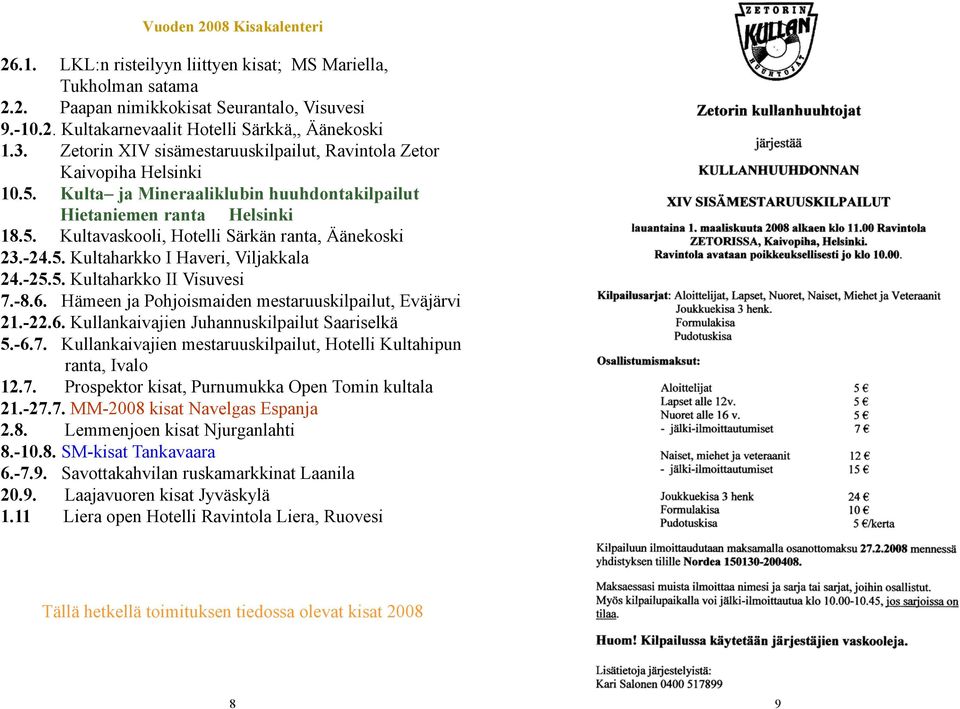 -24.5. Kultaharkko I Haveri, Viljakkala 24.-25.5. Kultaharkko II Visuvesi 7.-8.6. Hämeen ja Pohjoismaiden mestaruuskilpailut, Eväjärvi 21.-22.6. Kullankaivajien Juhannuskilpailut Saariselkä 5.-6.7. Kullankaivajien mestaruuskilpailut, Hotelli Kultahipun ranta, Ivalo 12.