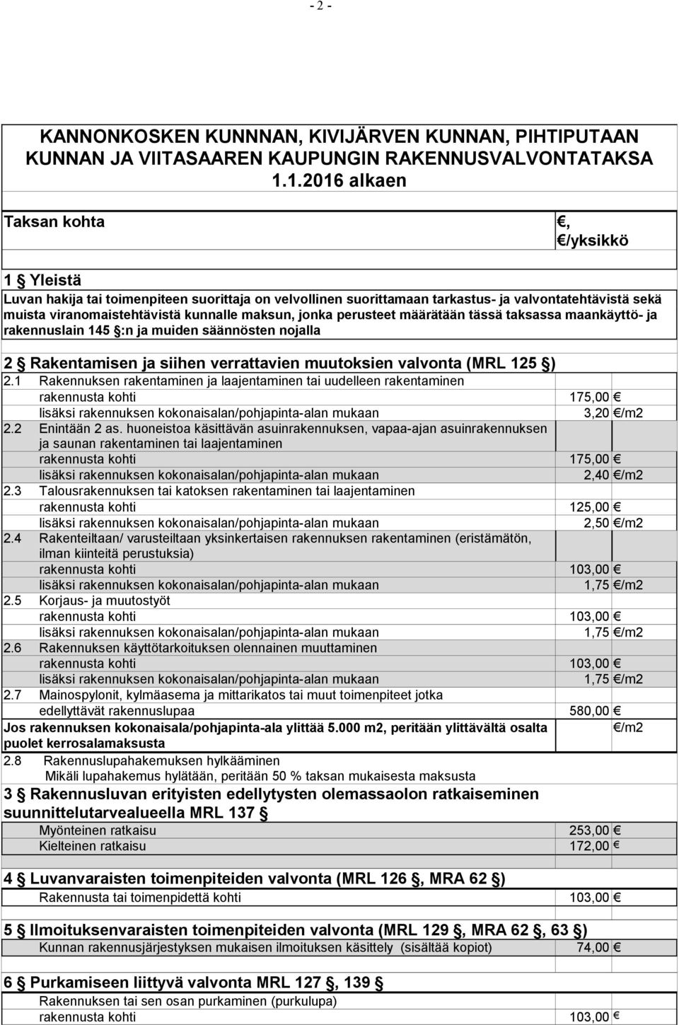 jonka perusteet määrätään tässä taksassa maankäyttö- ja rakennuslain 145 :n ja muiden säännösten nojalla 2 Rakentamisen ja siihen verrattavien muutoksien valvonta (MRL 125 ) 2.