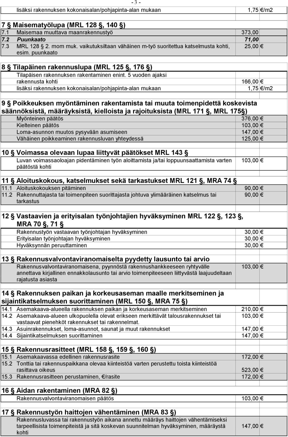 5 vuoden ajaksi rakennusta kohti 166,00 9 Poikkeuksen myöntäminen rakentamista tai muuta toimenpidettä koskevista säännöksistä, määräyksistä, kielloista ja rajoituksista (MRL 171, MRL 175 )