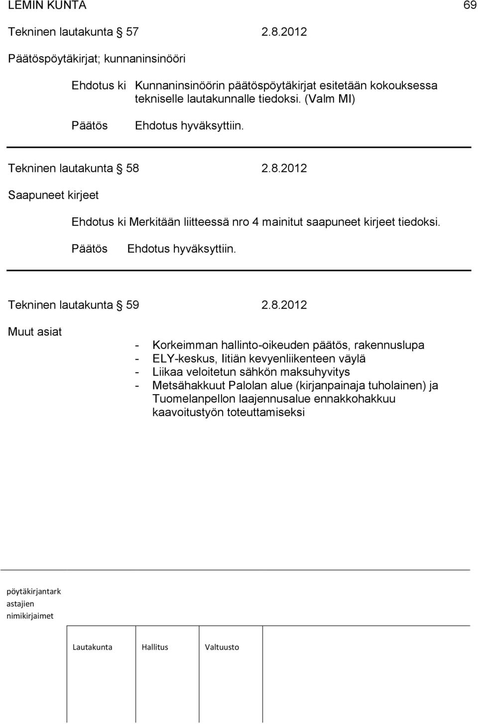 (Valm MI) Tekninen lautakunta 58 2.8.2012 Saapuneet kirjeet Ehdotus ki Merkitään liitteessä nro 4 mainitut saapuneet kirjeet tiedoksi.
