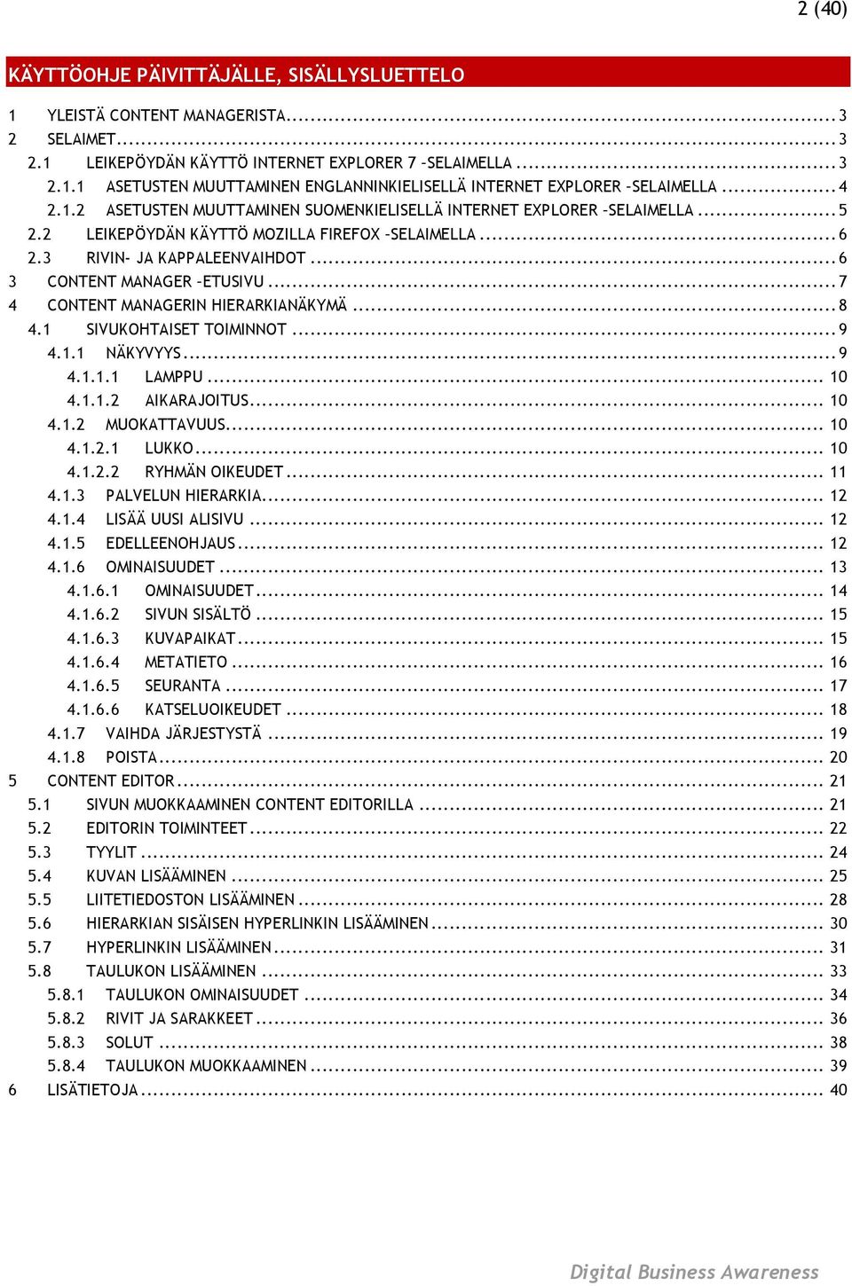 ..7 4 CONTENT MANAGERIN HIERARKIANÄKYMÄ...8 4.1 SIVUKOHTAISET TOIMINNOT...9 4.1.1 NÄKYVYYS...9 4.1.1.1 LAMPPU... 10 4.1.1.2 AIKARAJOITUS... 10 4.1.2 MUOKATTAVUUS... 10 4.1.2.1 LUKKO... 10 4.1.2.2 RYHMÄN OIKEUDET.