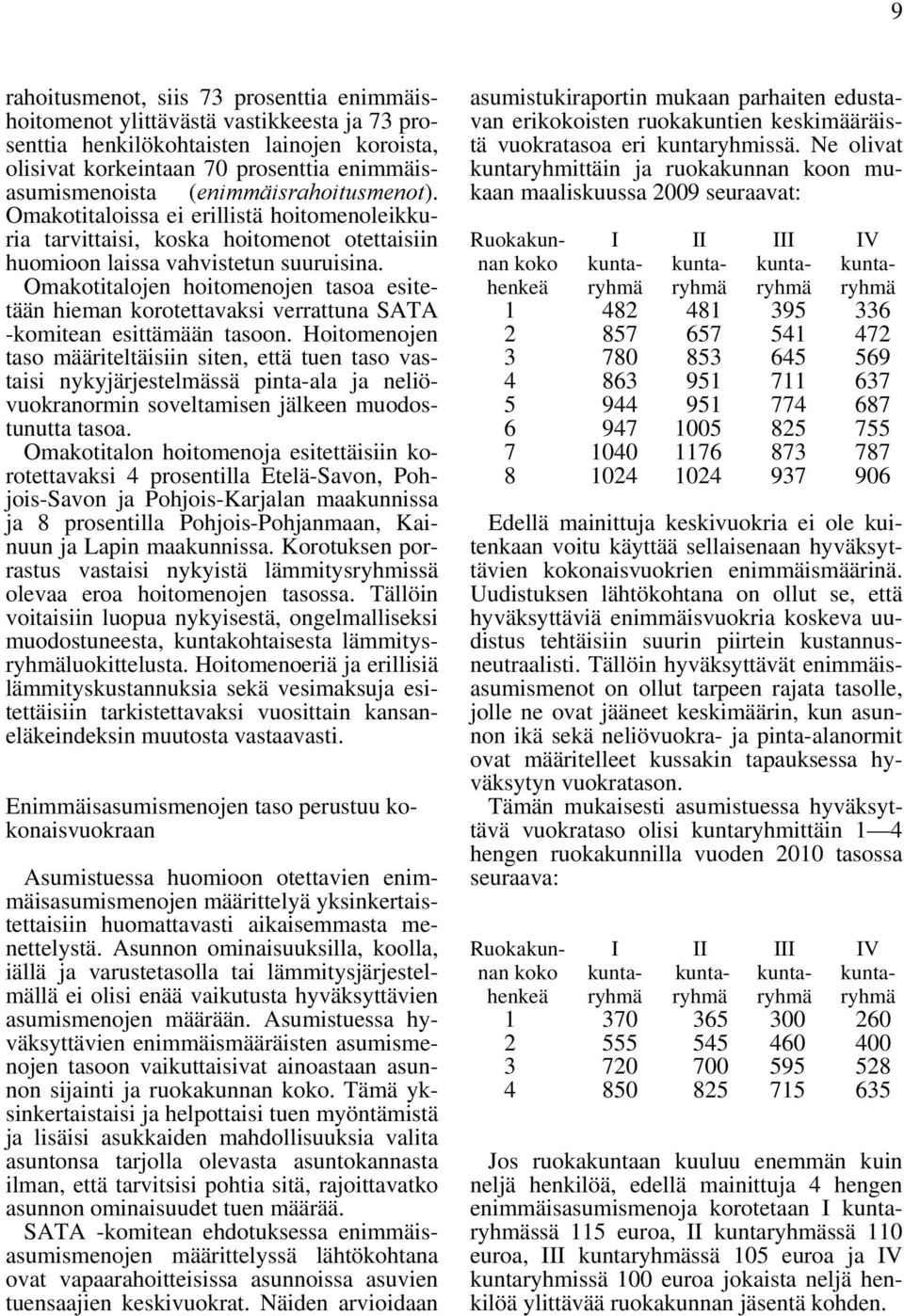 Omakotitalojen hoitomenojen tasoa esitetään hieman korotettavaksi verrattuna SATA -komitean esittämään tasoon.