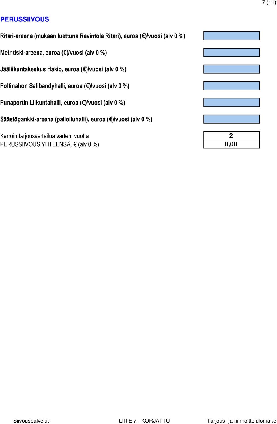 Poltinahon Salibandyhalli, euroa ( )/vuosi (alv 0 %) Punaportin Liikuntahalli, euroa ( )/vuosi (alv 0