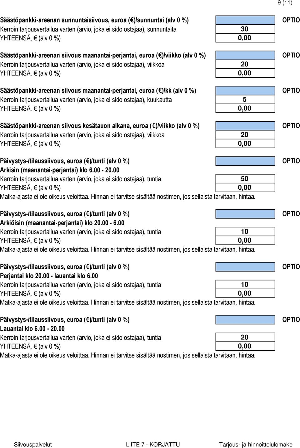 %) Kerroin tarjousvertailua varten (arvio, joka ei sido ostajaa), kuukautta 5 Säästöpankki-areenan siivous kesätauon aikana, euroa ( )/viikko (alv 0 %) Kerroin tarjousvertailua varten (arvio,