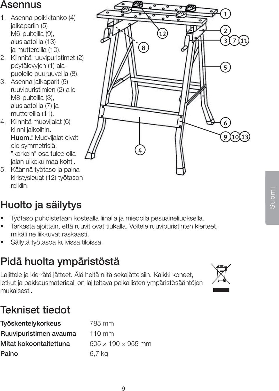 ! Muovijalat eivät ole symmetrisiä; korkein osa tulee olla jalan ulkokulmaa kohti. 5. Käännä työtaso ja paina kiristysleuat (12) työtason reikiin.