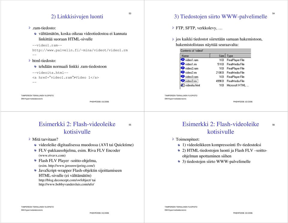 ram-tiedostoon --videoita.html-- <a href= video1.ram >Video 1</a> -- Esimerkki 2: Flash-videoleike kotisivulle Mitä tarvitaan?