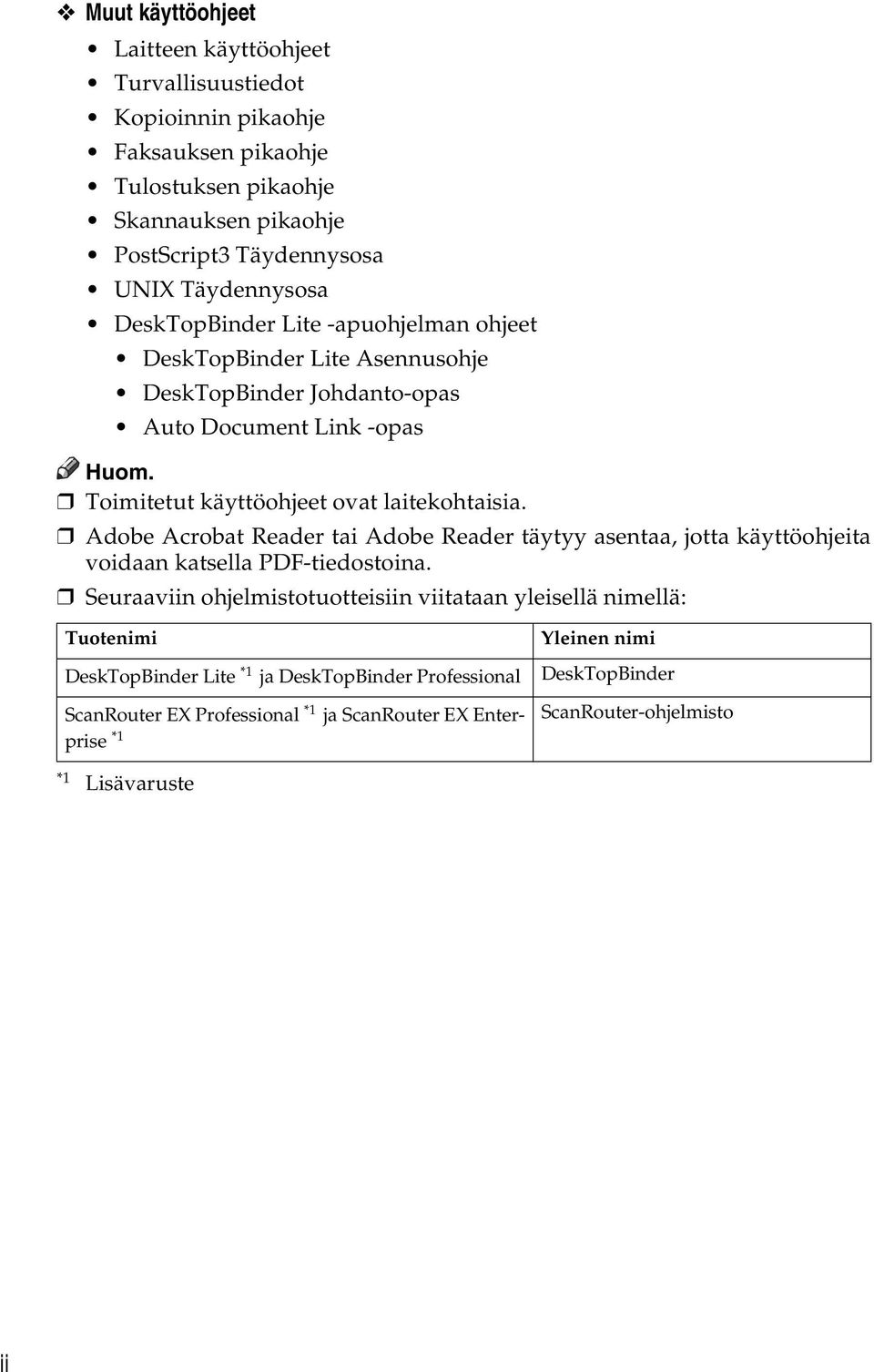 laitekohtaisia. Adobe Acrobat Reader tai Adobe Reader täytyy asentaa, jotta käyttöohjeita voidaan katsella PDF-tiedostoina.