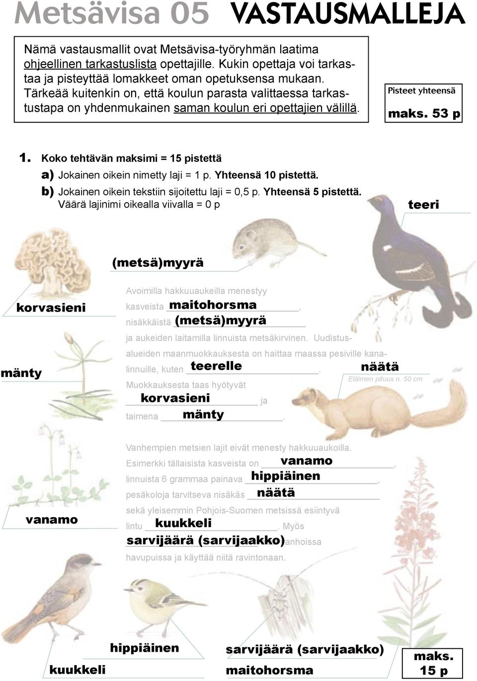 Koko tehtävän maksimi = 15 pistettä a) Jokainen oikein nimetty laji = 1 p. Yhteensä 10 pistettä. b) Jokainen oikein tekstiin sijoitettu laji = 0,5 p. Yhteensä 5 pistettä.