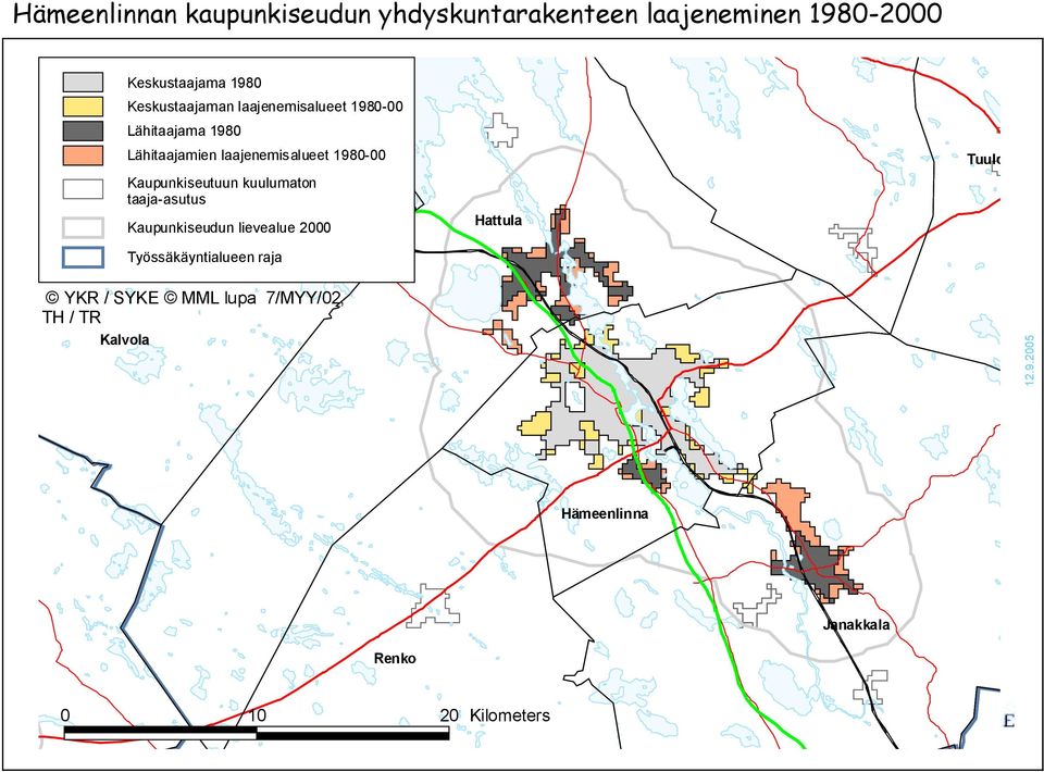 Kaupunkiseutuun kuulumaton taaja-asutus Kaupunkiseudun lievealue 2000 Työssäkäyntialueen raja