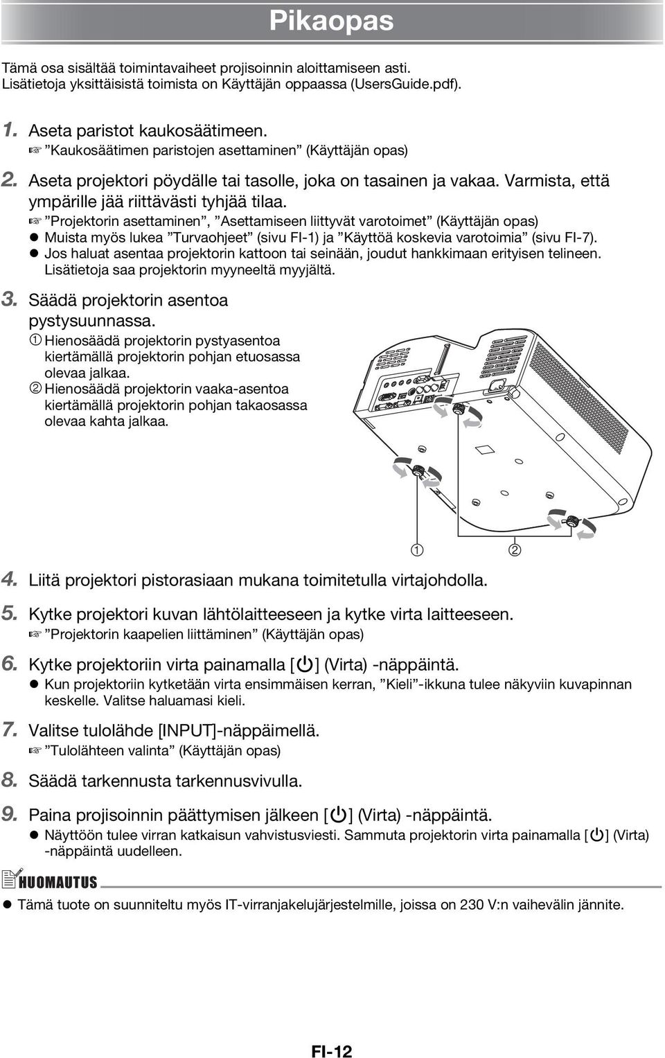 Projektorin asettaminen, Asettamiseen liittyvät varotoimet (Käyttäjän opas) Muista myös lukea Turvaohjeet (sivu FI-1) ja Käyttöä koskevia varotoimia (sivu FI-7).