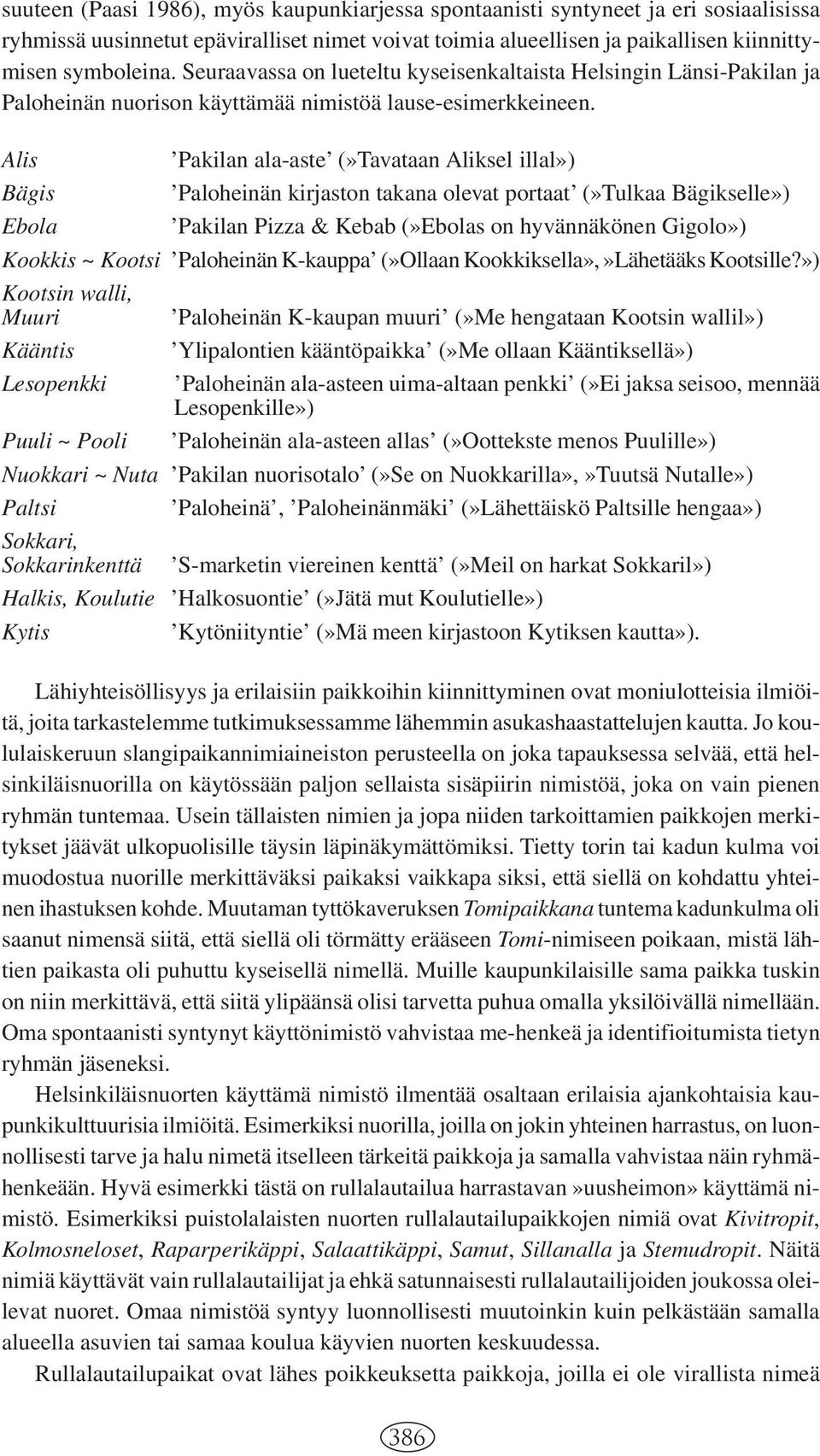 Alis Pakilan ala-aste (»Tavataan Aliksel illal») Bägis Paloheinän kirjaston takana olevat portaat (»Tulkaa Bägikselle») Ebola Pakilan Pizza & Kebab (»Ebolas on hyvännäkönen Gigolo») Kookkis ~ Kootsi