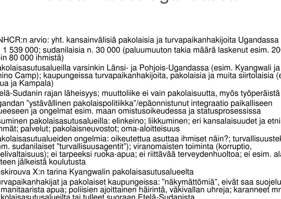 Kyangwali ja ino Camp); kaupungeissa turvapaikanhakijoita, pakolaisia ja muita siirtolaisia (e a ja Kampala) lä-sudanin rajan läheisyys; muuttoliike ei vain pakolaisuutta, myös työperäistä andan