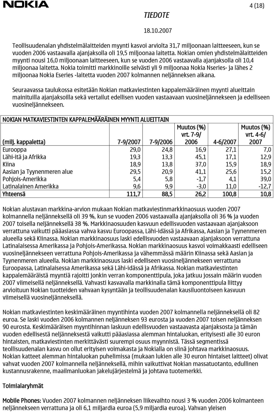 Nokia toimitti markkinoille selvästi yli 9 miljoonaa Nokia Nseries- ja lähes 2 miljoonaa Nokia Eseries -laitetta vuoden 2007 kolmannen neljänneksen aikana.