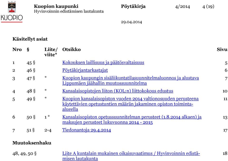 vuoden 2014 valtionosuuden perusteena käytettävien opetustuntien määrän jakaminen opiston toimintaalueella 6 50 1 * Kansalaisopiston opetussuunnitelman perusteet (1.8.