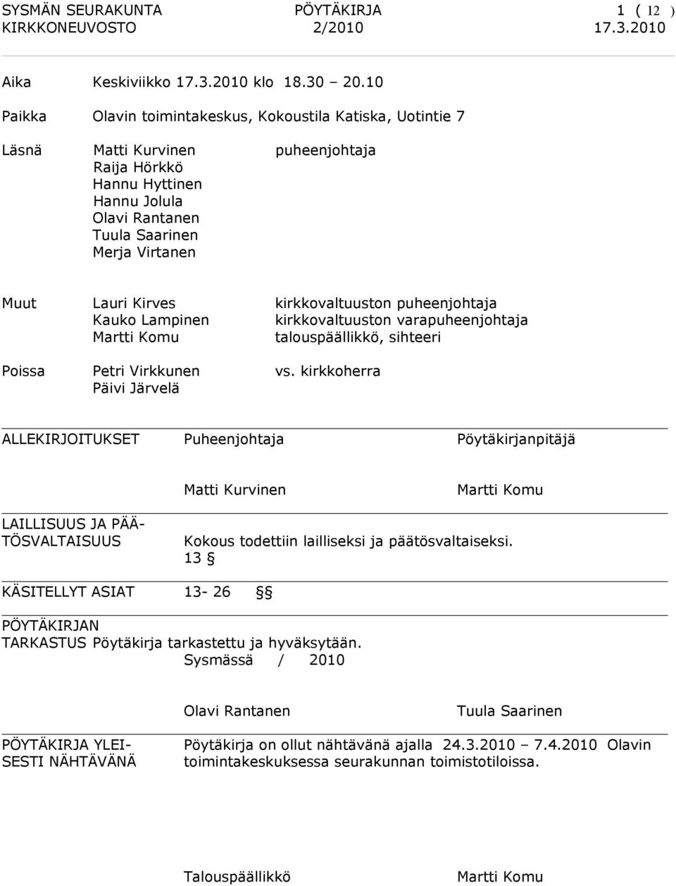 Kirves kirkkovaltuuston puheenjohtaja Kauko Lampinen kirkkovaltuuston varapuheenjohtaja Martti Komu talouspäällikkö, sihteeri Poissa Petri Virkkunen vs.