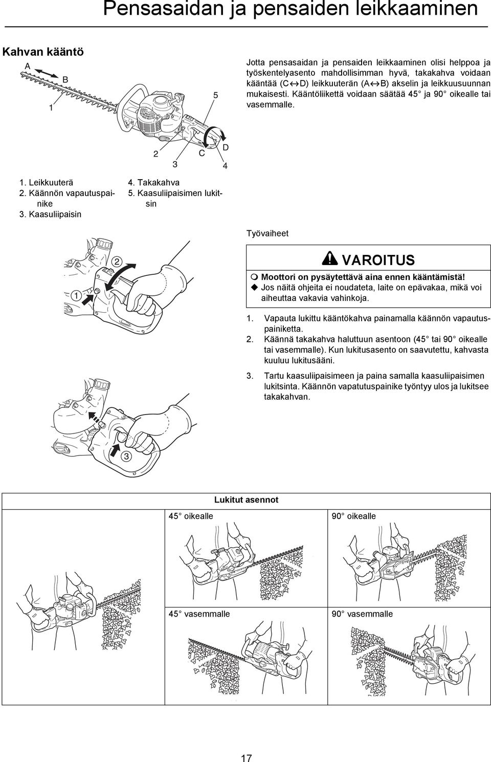 Kaasuliipaisin 4. Takakahva 5. Kaasuliipaisimen lukitsin Työvaiheet VAROITUS Moottori on pysäytettävä aina ennen kääntämistä!