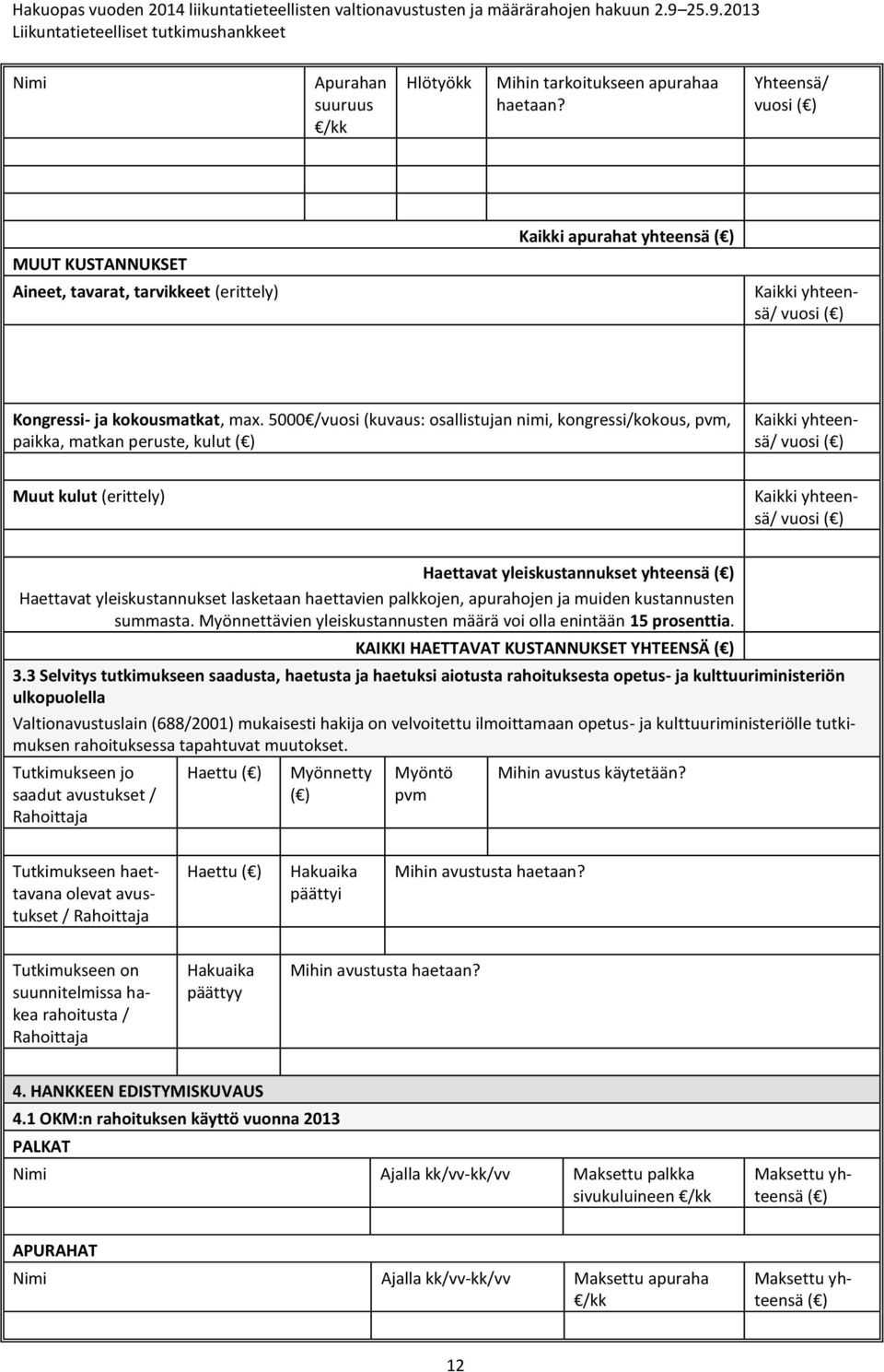 5000 /vuosi (kuvaus: osallistujan nimi, kongressi/kokous, pvm, paikka, matkan peruste, kulut ( ) Kaikki yhteensä/ Muut kulut (erittely) Kaikki yhteensä/ Haettavat yleiskustannukset yhteensä ( )
