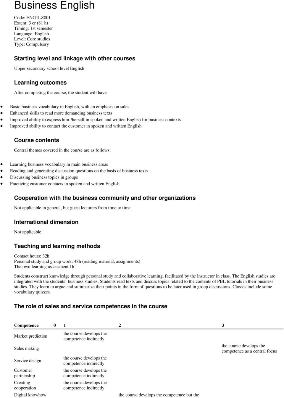 texts Improved ability to express him-/herself in spoken and written English for business contexts Improved ability to contact the customer in spoken and written English Course contents Central