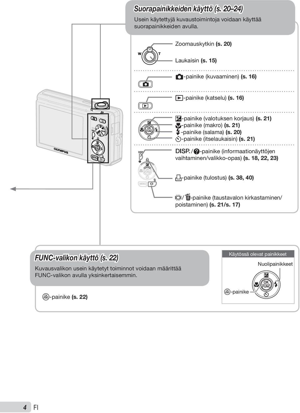 21) g / E-painike (informaationäyttöjen vaihtaminen/valikko-opas) (s. 18, 22, 23) -painike (tulostus) (s. 38, 40) / D-painike (taustavalon kirkastaminen/ poistaminen) (s. 21/s.