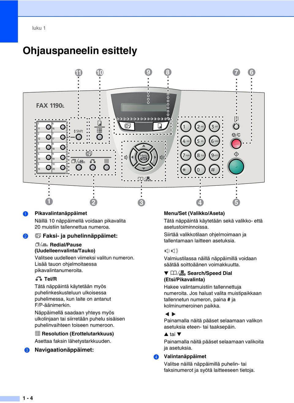 Tel/R Tätä näppäintä käytetään myös puhelinkeskusteluun ulkoisessa puhelimessa, kun laite on antanut F/P-äänimerkin.