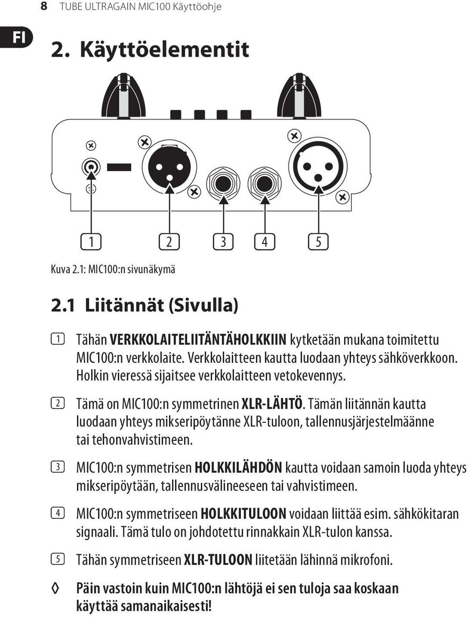 Holkin vieressä sijaitsee verkkolaitteen vetokevennys. (2) Tämä on MIC100:n symmetrinen XLR-LÄHTÖ.