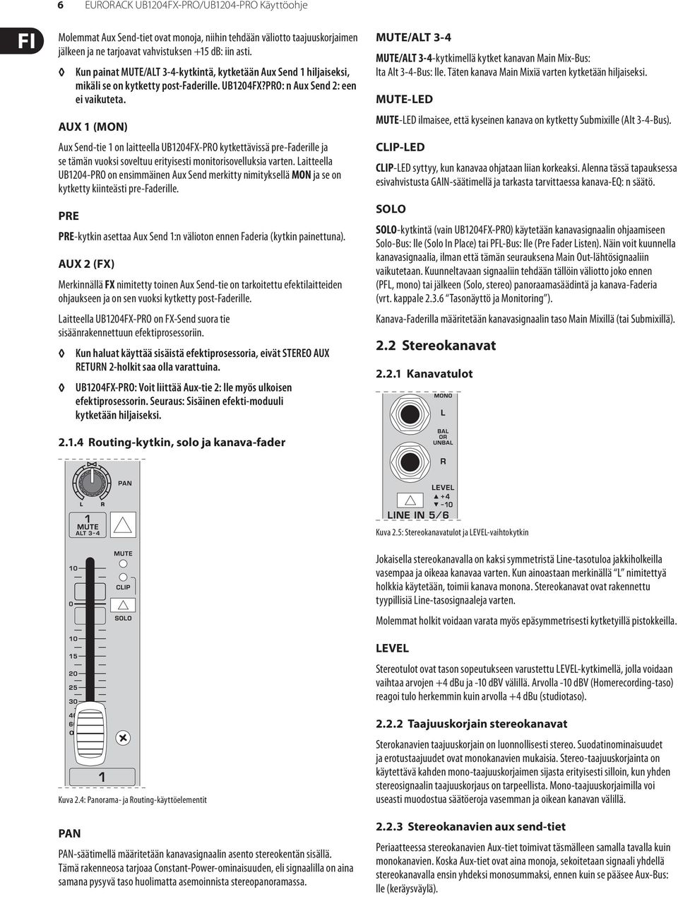 AUX 1 (MON) Aux Send-tie 1 on laitteella UB1204FX-PRO kytkettävissä pre-faderille ja se tämän vuoksi soveltuu erityisesti monitorisovelluksia varten.