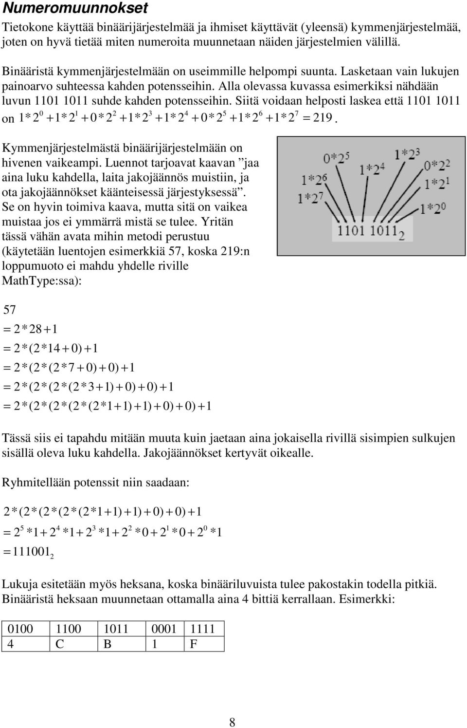 Alla olevassa kuvassa esimerkiksi nähdään luvun 1101 1011 suhde kahden potensseihin.