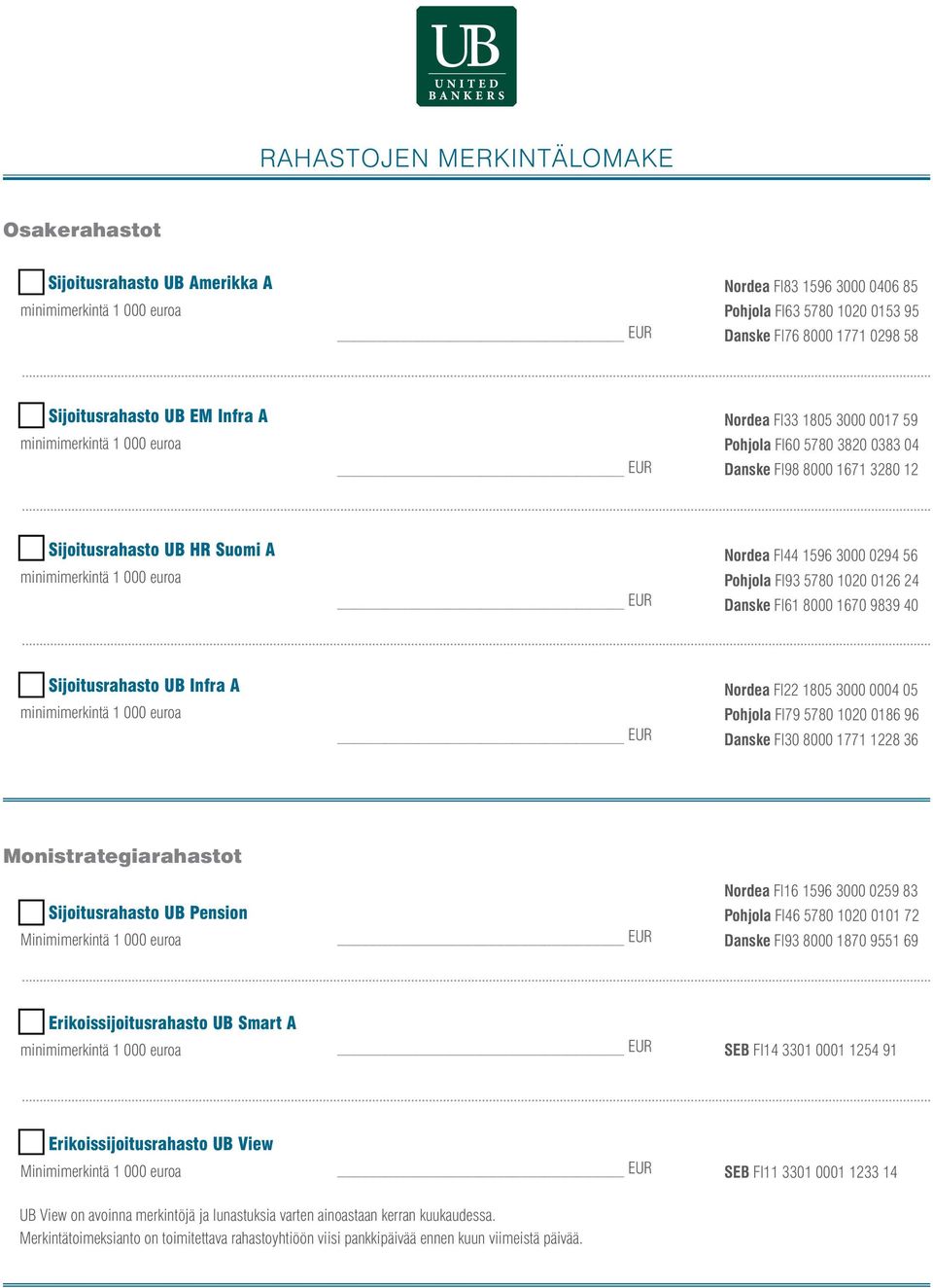 9839 40 Sijoitusrahasto UB Infra A Nordea FI22 1805 3000 0004 05 Pohjola FI79 5780 1020 0186 96 Danske FI30 8000 1771 1228 36 Monistrategiarahastot Sijoitusrahasto UB Pension Minimimerkintä 1 000