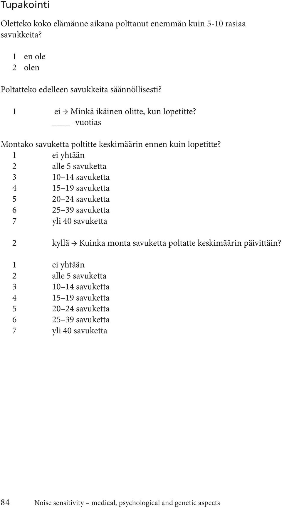 1 ei yhtään 2 alle 5 savuketta 3 10 14 savuketta 4 15 19 savuketta 5 20 24 savuketta 6 25 39 savuketta 7 yli 40 savuketta 2 kyllä Kuinka monta savuketta