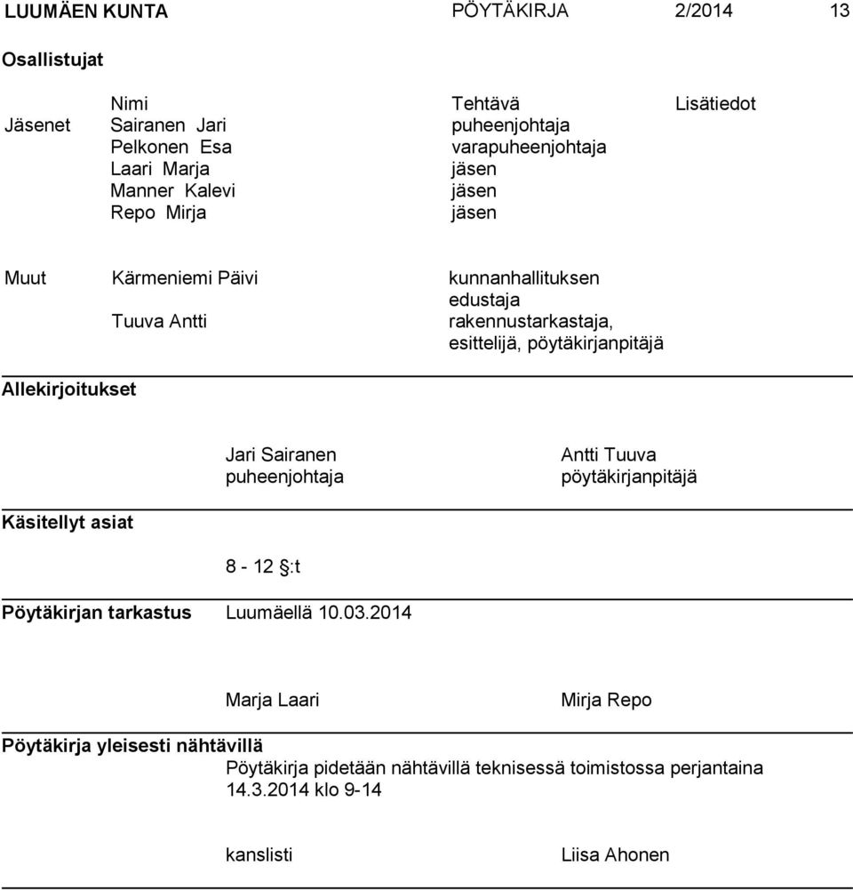 pöytäkirjanpitäjä Allekirjoitukset Jari Sairanen puheenjohtaja Antti Tuuva pöytäkirjanpitäjä Käsitellyt asiat 8-12 :t Pöytäkirjan tarkastus Luumäellä 10.