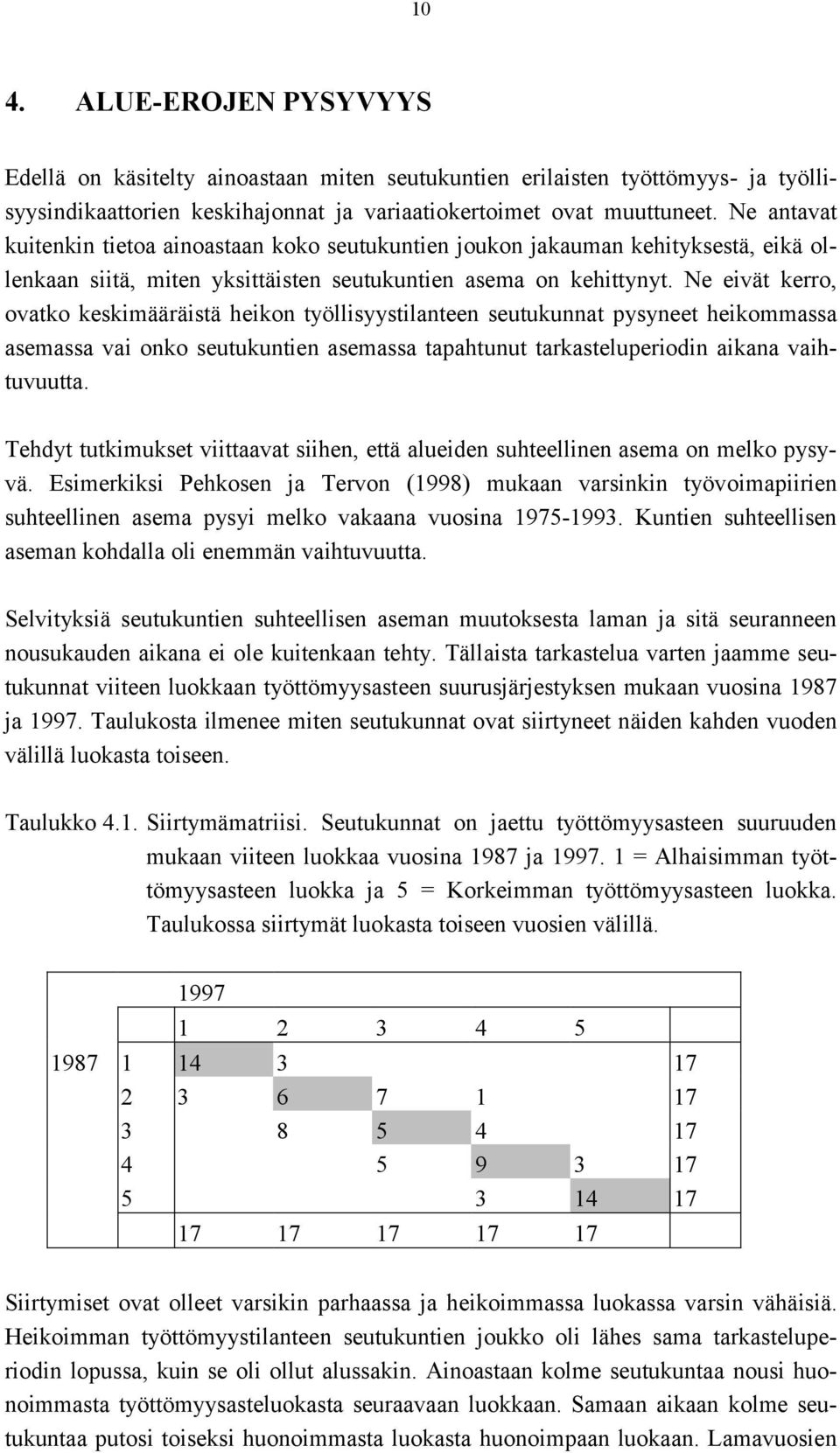 Ne eivät kerro, ovatko keskimääräistä heikon työllisyystilanteen seutukunnat pysyneet heikommassa asemassa vai onko seutukuntien asemassa tapahtunut tarkasteluperiodin aikana vaihtuvuutta.