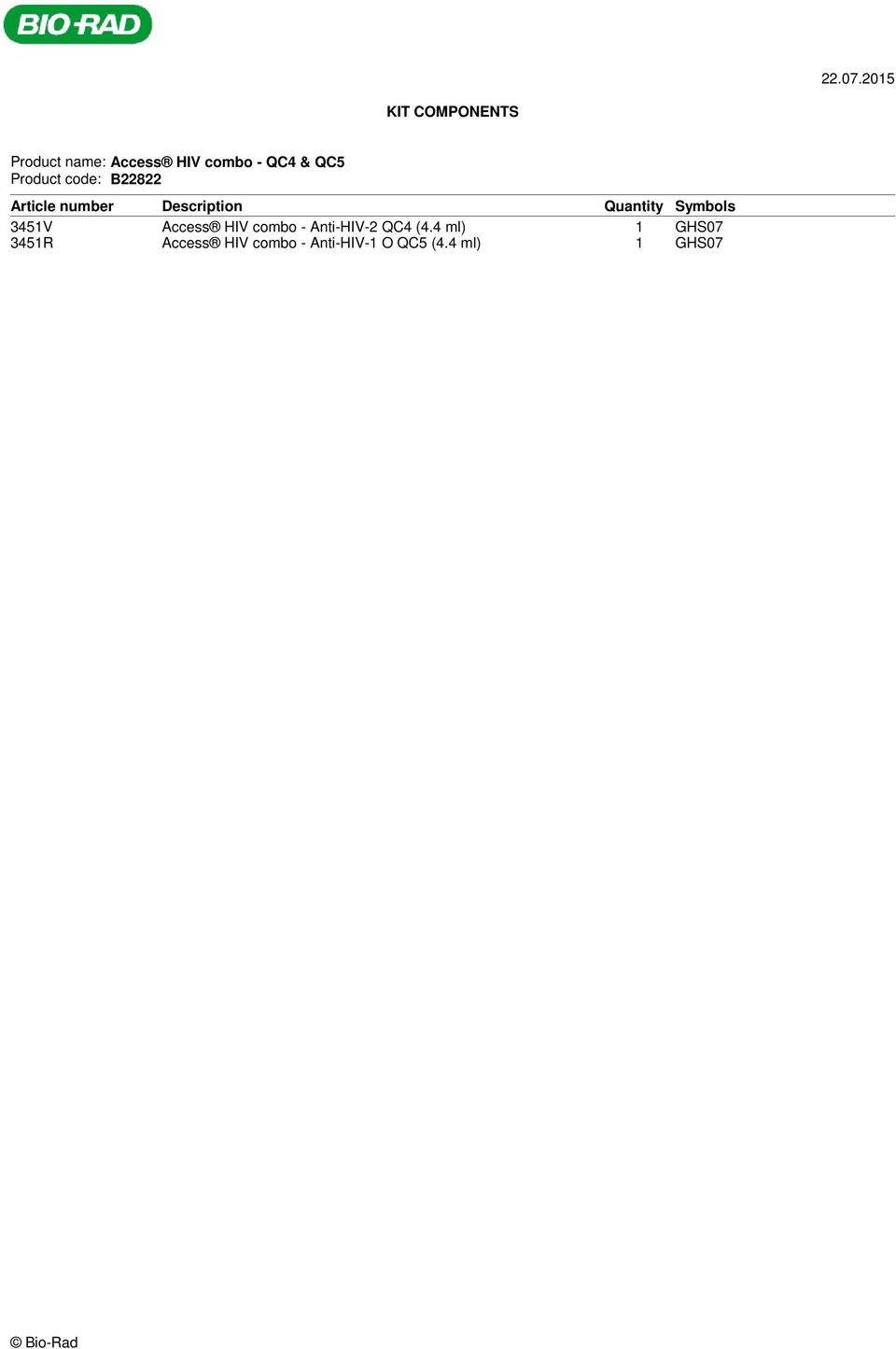 Product code: B22822 Article number Description Quantity Symbols