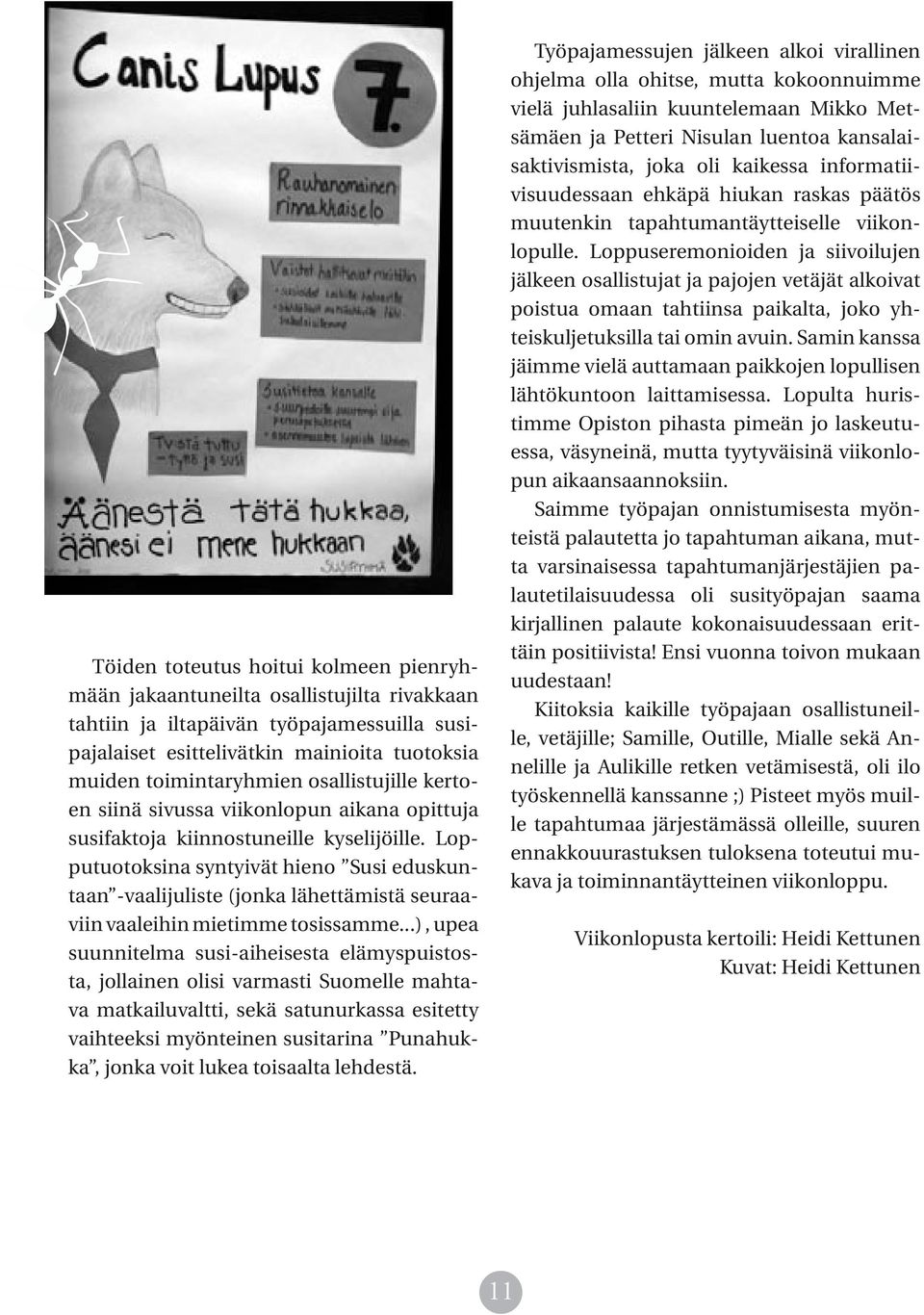 Lopputuotoksina syntyivät hieno Susi eduskuntaan -vaalijuliste (jonka lähettämistä seuraaviin vaaleihin mietimme tosissamme.