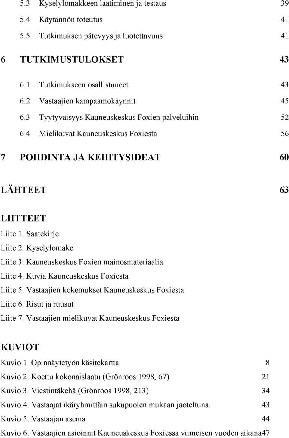 Saatekirje Liite 2. Kyselylomake Liite 3. Kauneuskeskus Foxien mainosmateriaalia Liite 4. Kuvia Kauneuskeskus Foxiesta Liite 5. Vastaajien kokemukset Kauneuskeskus Foxiesta Liite 6.