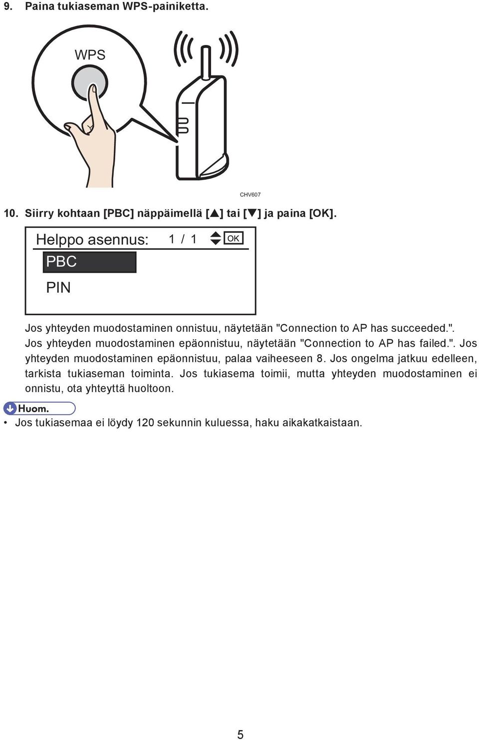 onnection to AP has succeeded.". Jos yhteyden muodostaminen epäonnistuu, näytetään "Connection to AP has failed.". Jos yhteyden muodostaminen epäonnistuu, palaa vaiheeseen 8.