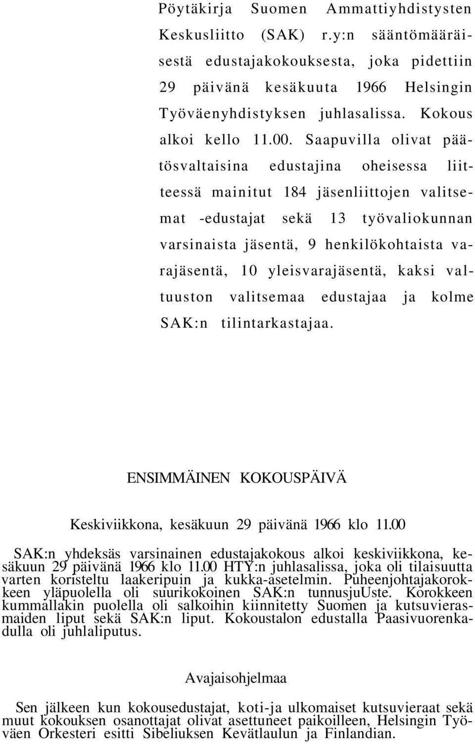 Saapuvilla olivat päätösvaltaisina edustajina oheisessa liitteessä mainitut 184 jäsenliittojen valitsemat -edustajat sekä 13 työvaliokunnan varsinaista jäsentä, 9 henkilökohtaista varajäsentä, 10