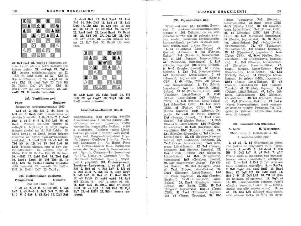 Tg5+ Kh8 28. Dhl + Rh7 29. Ld31 'voittaen). 23. Ld3! exd3 24. f3 musta antautui. 387. Venäläinen peli Peew Radulow Romanian me,sltacr'uusturnauls '1'962 l..e4 e5 2. Rf3 Rf6 3. d4 Rxe4 4. Ld3 d5 5.