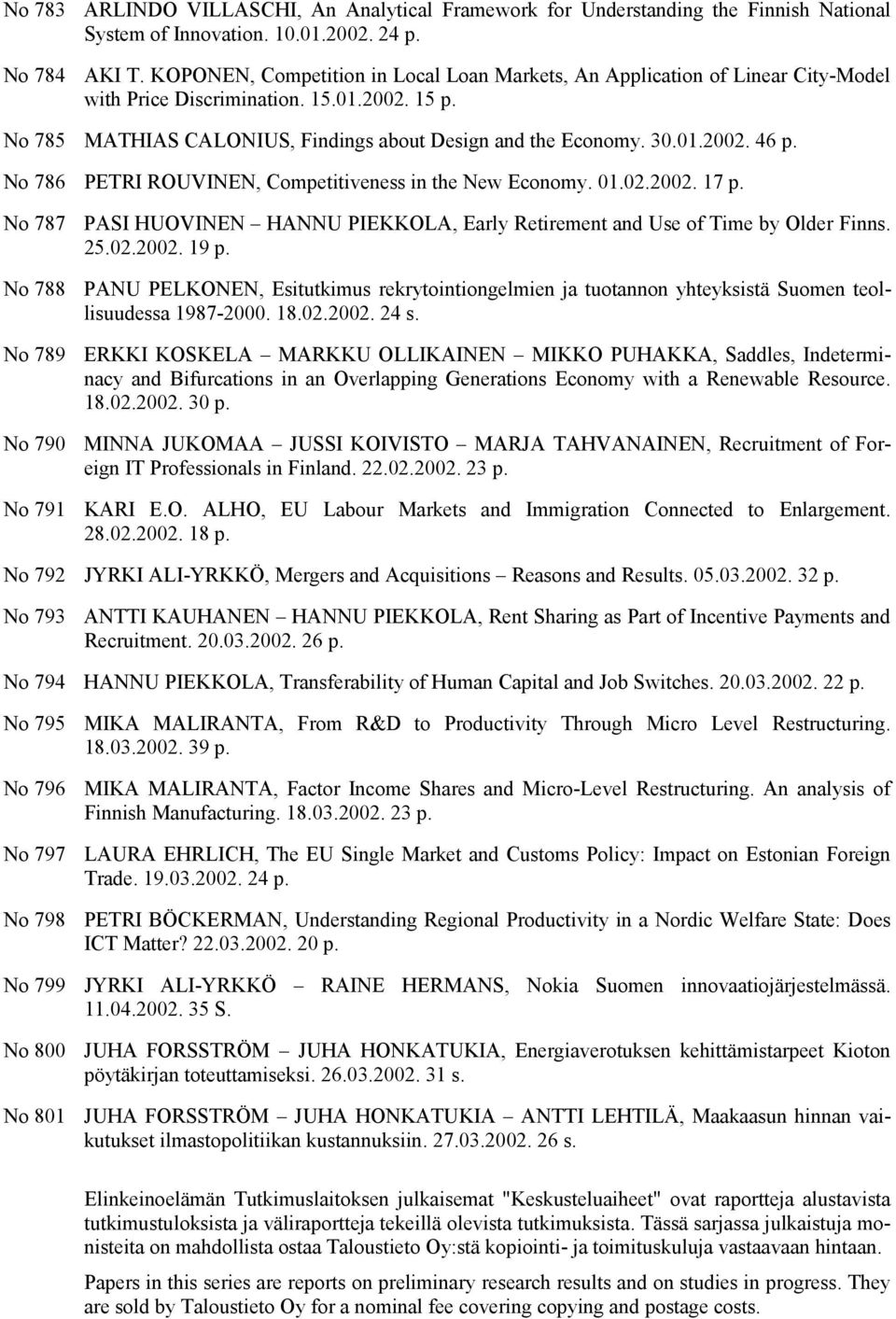 No 786 PETRI ROUVINEN, Competitiveness in the New Economy. 01.02.2002. 17 p. No 787 No 788 No 789 No 790 No 791 PASI HUOVINEN HANNU PIEKKOLA, Early Retirement and Use of Time by Older Finns. 25.02.2002. 19 p.