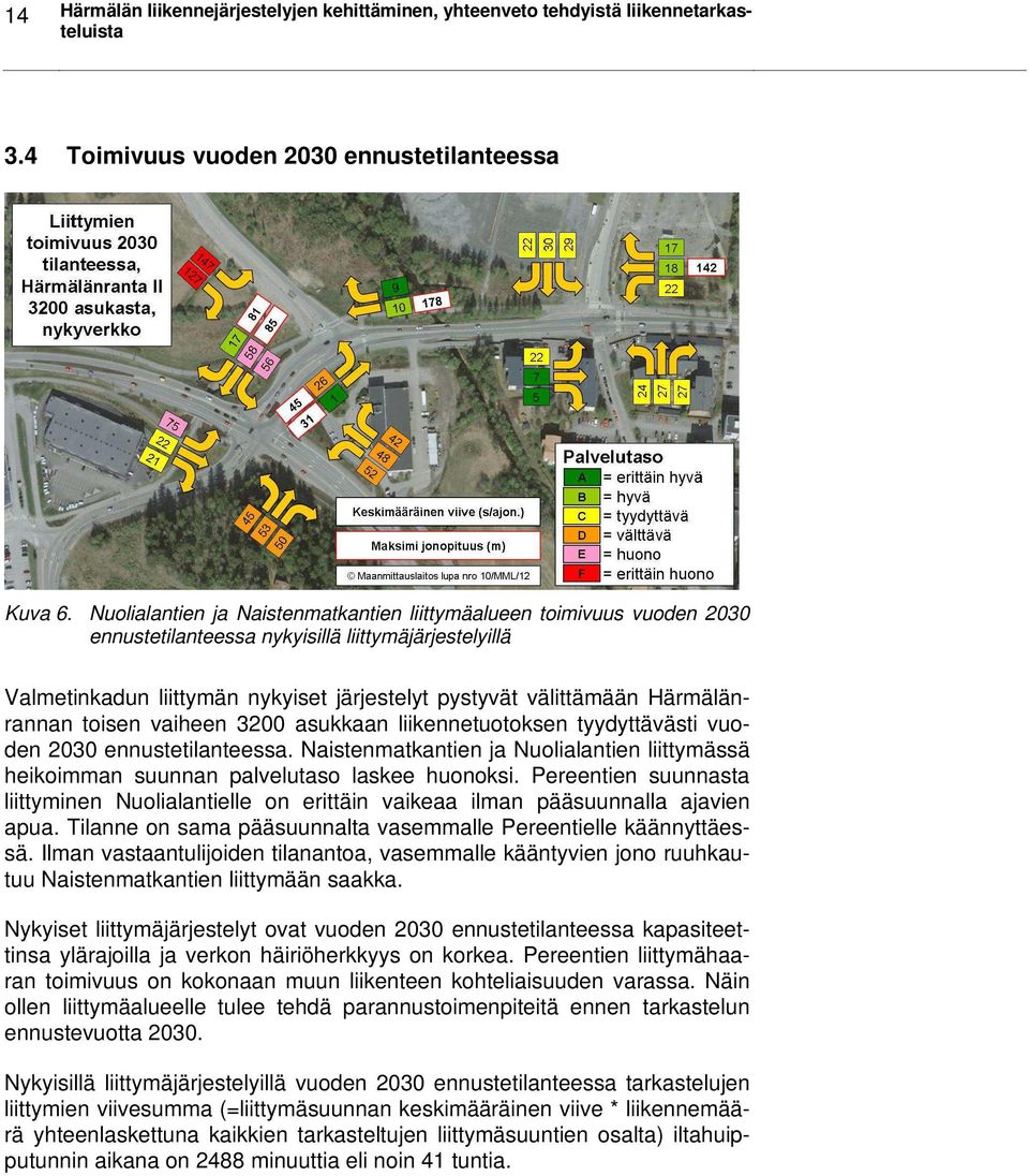 Härmälänrannan toisen vaiheen 3200 asukkaan liikennetuotoksen tyydyttävästi vuoden 2030 ennustetilanteessa.