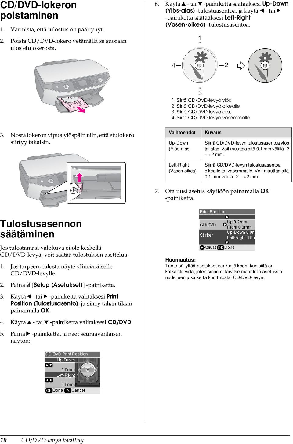 Poista CD/DVD-lokero vetämällä se suoraan ulos etulokerosta. 1. Siirrä CD/DVD-levyä ylös 2. Siirrä CD/DVD-levyä oikealle 3. Siirrä CD/DVD-levyä alas 4. Siirrä CD/DVD-levyä vasemmalle 3.