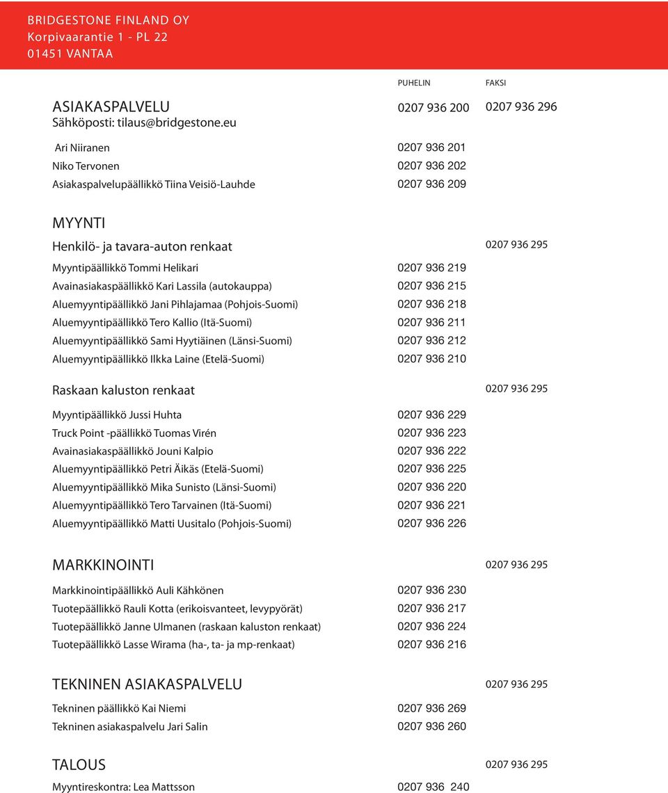 Myyntipäällikkö Tommi Helikari 0207 936 219 Avainasiakaspäällikkö Kari Lassila (autokauppa) 0207 936 215 Aluemyyntipäällikkö Jani Pihlajamaa (Pohjois-Suomi) 0207 936 218 Aluemyyntipäällikkö Tero