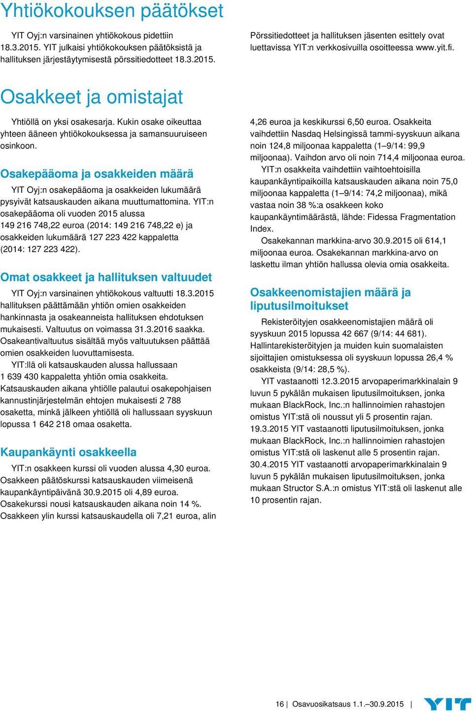 Osakepääoma ja osakkeiden määrä YIT Oyj:n osakepääoma ja osakkeiden lukumäärä pysyivät katsauskauden aikana muuttumattomina.