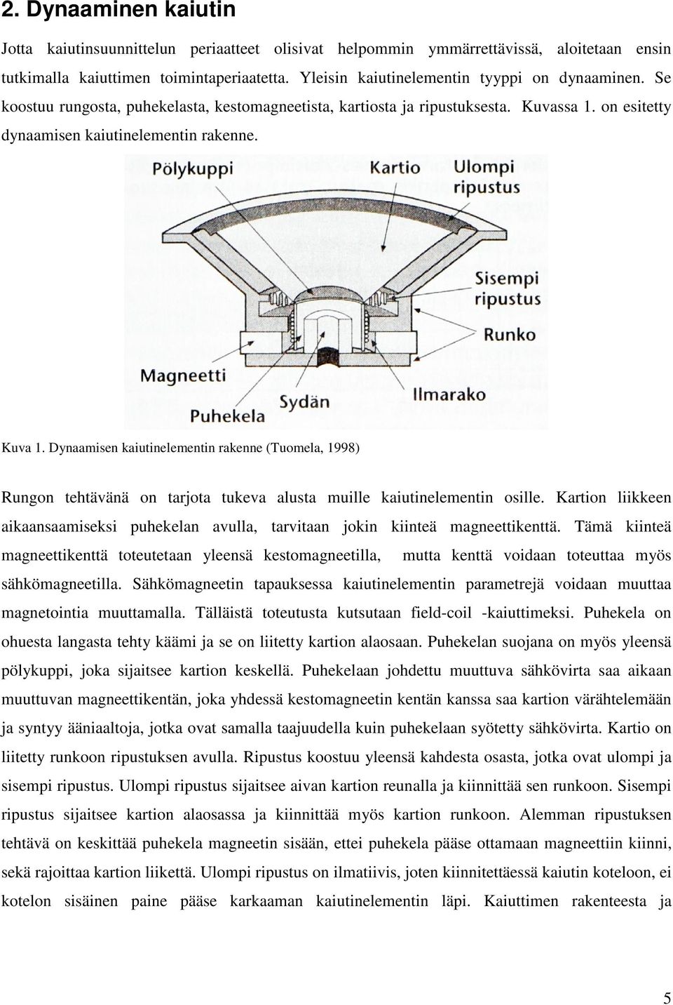 Dynaamisen kaiutinelementin rakenne (Tuomela, 1998) Rungon tehtävänä on tarjota tukeva alusta muille kaiutinelementin osille.