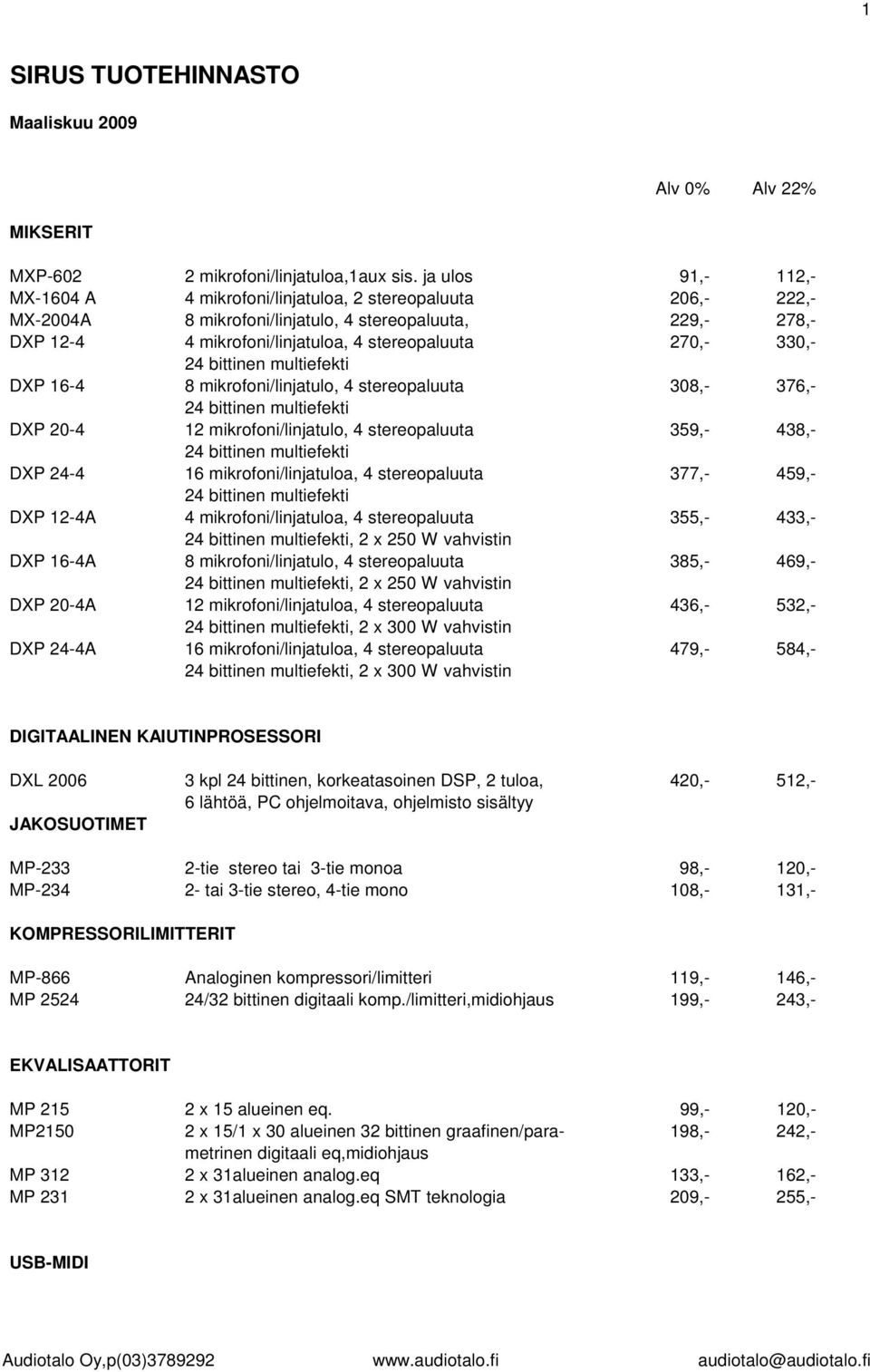 330,- 24 bittinen multiefekti DXP 16-4 8 mikrofoni/linjatulo, 4 stereopaluuta 308,- 376,- 24 bittinen multiefekti DXP 20-4 12 mikrofoni/linjatulo, 4 stereopaluuta 359,- 438,- 24 bittinen multiefekti