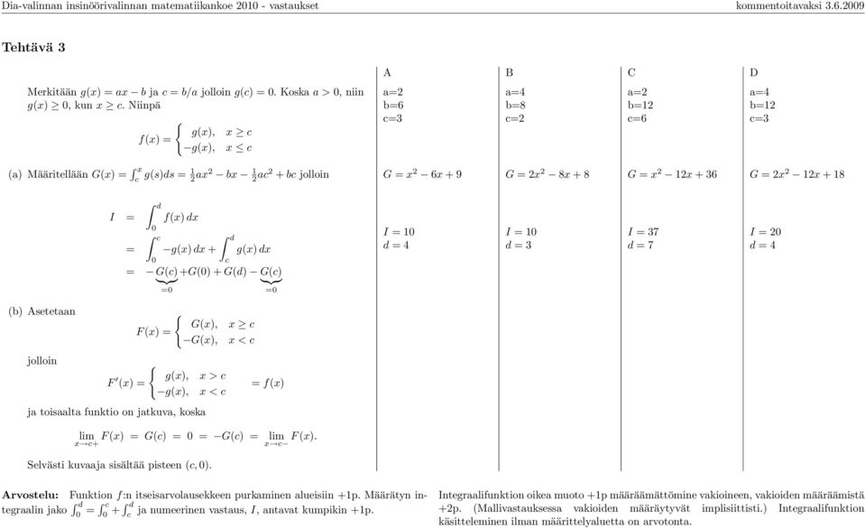 2 12x + 36 G = 2x 2 12x + 18 I = = d 0 c 0 f(x) dx g(x) dx + d c g(x) dx = G(c) +G(0) + G(d) G(c) }{{} }{{} =0 =0 I = 10 d = 4 I = 10 d = 3 I = 37 d = 7 I = 20 d = 4 (b) Asetetaan { G(x), F (x) =