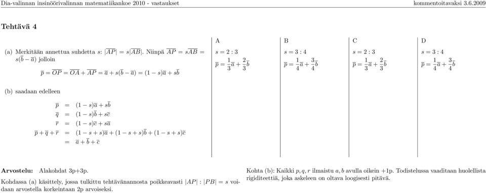 = 1 4 a + 3 4 b (b) saadaan edelleen p = (1 s)a + sb q = (1 s)b + sc r = (1 s)c + sa p + q + r = (1 s + s)a + (1 s + s)b + (1 s + s)c = a + b + c Arvostelu: Alakohdat 3p+3p.