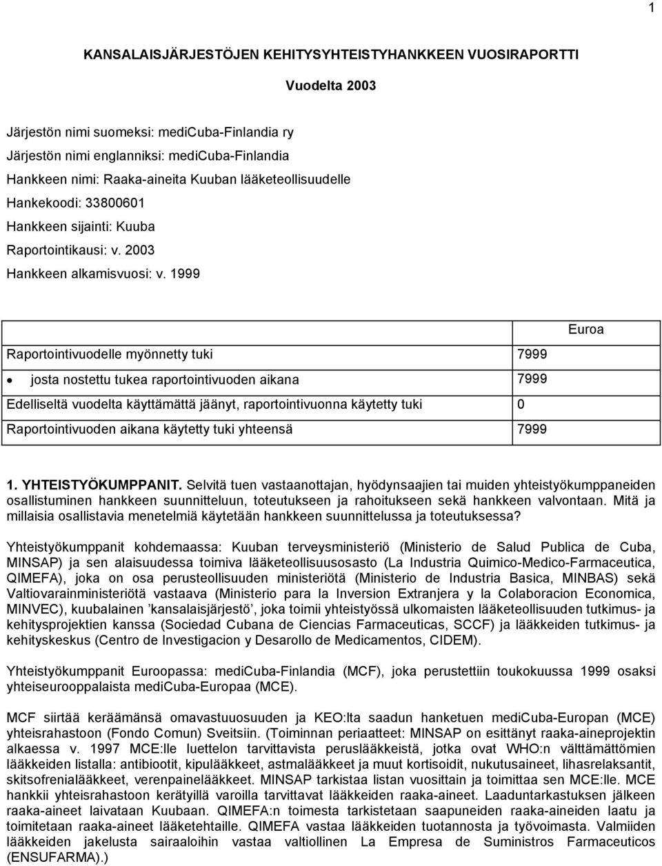 1999 Raportointivuodelle myönnetty tuki 7999 josta nostettu tukea raportointivuoden aikana 7999 Edelliseltä vuodelta käyttämättä jäänyt, raportointivuonna käytetty tuki 0 Raportointivuoden aikana